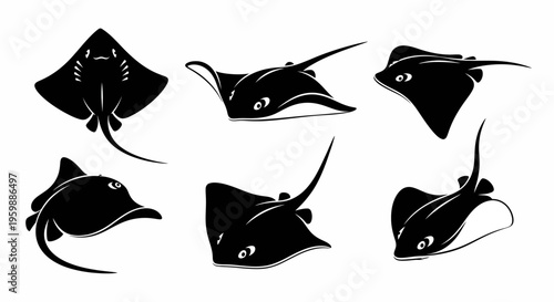 Set of six black and white silhouette icons of stingrays swimming, isolated on white.