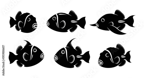 Set of six black and white stylized fish illustrations, isolated on white background