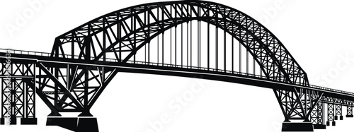 Black Silhouette Vector Illustration of a Steel Arch Bridge Featuring Detailed Truss Structures and Support Columns Isolated on a White Background