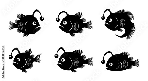 Set of six black anglerfish illustrations with bioluminescent lures, isolated on white background.