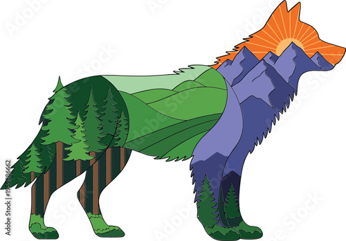 Creative Wolf Silhouette Vector Illustration Featuring Double Exposure Landscape with Evergreen Forest Green Hills Purple Mountains and Orange Sunset Sunrise SceneryCreative Wolf Silhouette Vector 