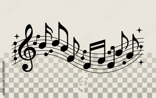 A wavy line of black musical notes and symbols on a transparent background.