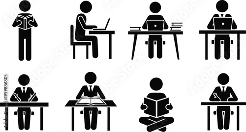 Set of Student and Office Worker Stick Figure Icons Featuring People Reading Books Writing and Working on Laptops Vector Illustration