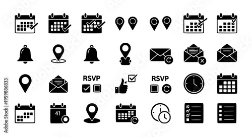 Event Planning Calendar System Icons Black Silhouette Flat UI Collection Vector Illustration