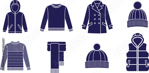 Set of Winter Clothing Icons Featuring Hoodies Sweaters Coats Beanies Scarves and Puffer Vests in a Clean Navy Blue Flat Vector Illustration
