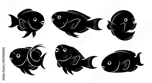 Set of Six Black Fish Silhouettes on White Background, Vector Illustration
