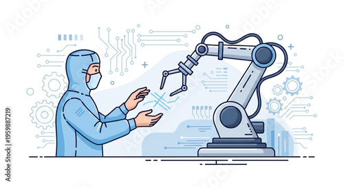 Robotic Arm and Scientist in Cleanroom - Precision Manufacturing Illustration.