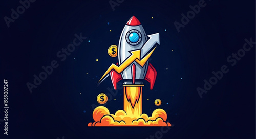 Rocket Launching with Upward Arrow and Dollar Coins - Financial Growth Concept.