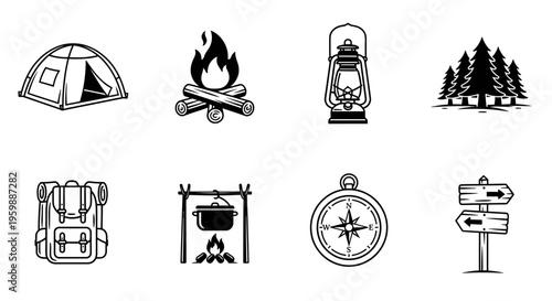 Camping and Outdoor Adventure Gear Icons Set.