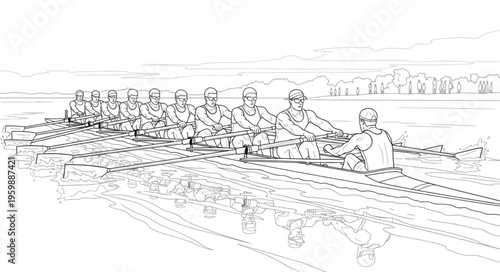 Rowing Team in Sync - A Display of Teamwork and Precision.