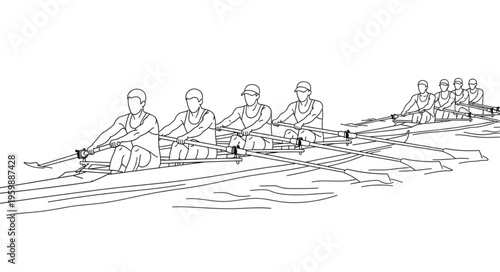Rowing Team in Synchronized Motion - A Detailed Line Art Illustration.