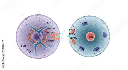 Stylized 3d scientific illustration of a lavender b cell and blue t helper cell with labels and glowing interleukins from top view immune activation concept