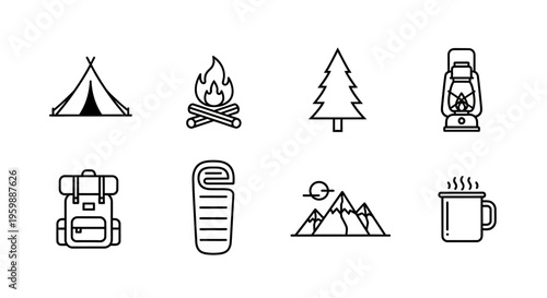 Camping and Outdoor Adventure Line Icons Set for Wilderness Exploration.