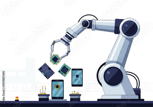 Industrial robotic arm assembling electronics.