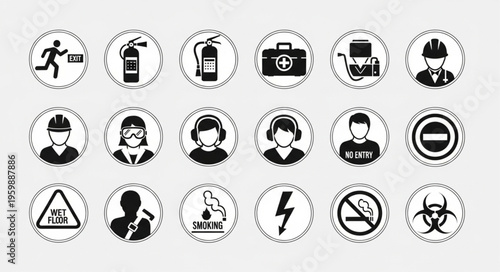 Safety and Hazard Warning Signs Collection - A Comprehensive Set of Workplace Symbols.