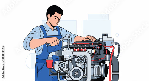 Mechanic working on an engine with a wrench.