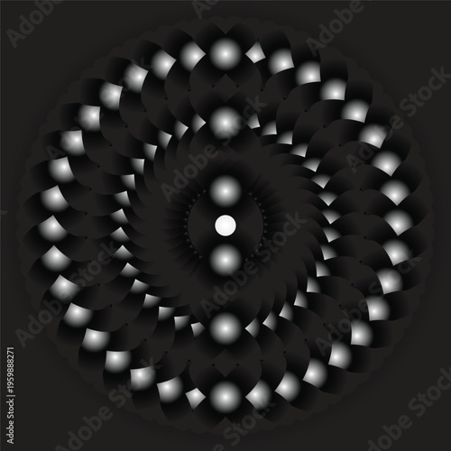 Spiraling gradient circles forming yin-yang inspired optical illusion