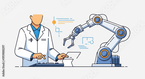 Scientist operating robotic arm in laboratory for research and development.