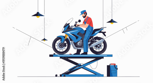 Motorcycle mechanic working on a blue motorcycle on a lift.