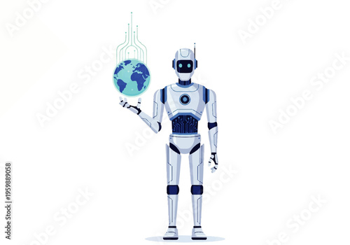 Robot Holding Globe in Hand Illustration.