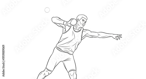 Shot put athlete in action, line art illustration.