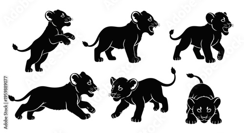 Set of Six Black Silhouette Lion Cubs in Various Playful Poses