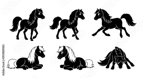 Set of Six Black Silhouette Ponies in Various Poses