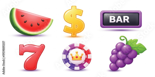 Casino 3D Icon Collection with Slot Symbols Dollar Sign Seven Bar Poker Chip Crown and Fruit Elements for Gambling Game UI and Mobile Design