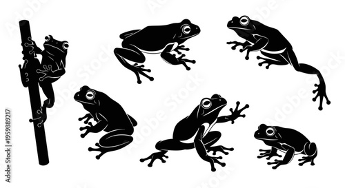 Set of Six Black Silhouettes of Frogs in Various Poses on White Background