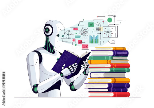 Robot Holding Open Purple Book.