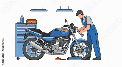 Motorcycle mechanic working on a blue motorcycle in a garage.