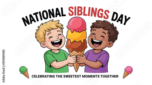 National siblings day cartoon illustration of happy kids sharing ice cream celebrating brother sister love joyful family bond cute design concept