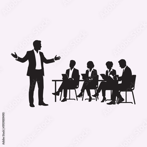 Human silhouette of entrepreneur presenting idea to investors sitting, pitch meeting concept, clean vector shapes