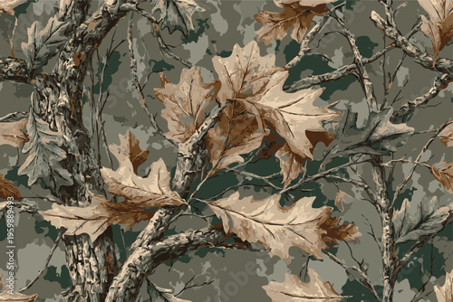 Vector Woodland Camouflage Pattern with Oak Leaves and Tree Branches