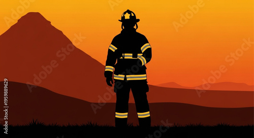 Silhouette of a Firefighter Standing Tall Against a Fiery Sky.