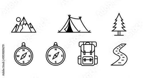 Outdoor Adventure and Camping Icons Set for Exploration and Travel.