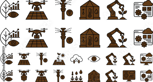 Smart agriculture monitoring icon set with drones sensors greenhouse automation robotics crop analytics and precision farming symbols