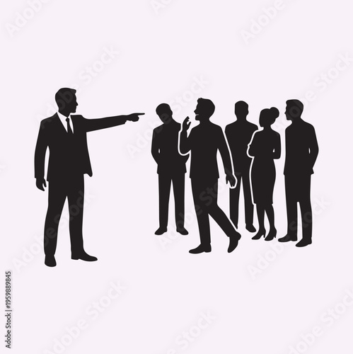 Human silhouette of recruiter pointing at selected candidate among group, hiring concept, clean vector style, solid black, isolated background.