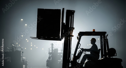 Silhouette of a Forklift Operator at Work in a Warehouse.