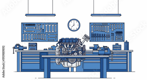 Automotive engine repair workshop with tools and equipment.