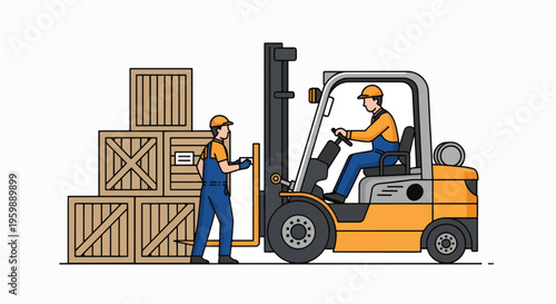 Workers operating a forklift to move wooden crates in a warehouse.