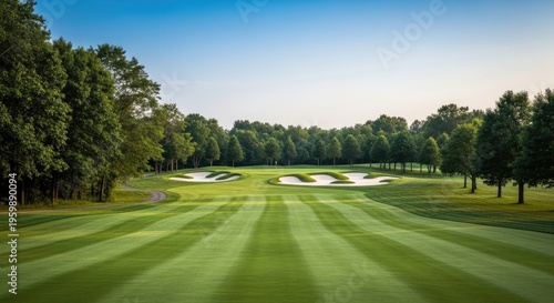 A serene golf course with lush green grass and sand traps