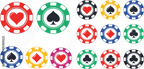 Casino Chip Icons with Card Suit Symbols Hearts Spades Diamonds and Clubs Colorful Poker Tokens for Gambling Games Betting Design Elements