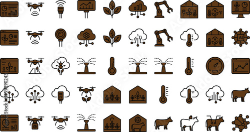 Smart agriculture monitoring icon set with drones sensors greenhouse climate irrigation livestock and precision farming technology