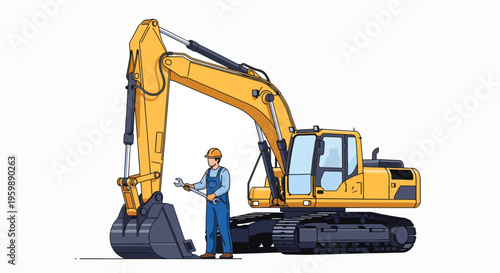 Construction worker standing next to a large yellow excavator on a white background.