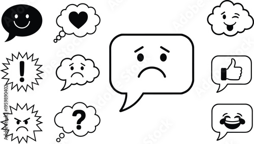 Black and white speech bubble icons featuring various emotions including happy sad angry and surprised faces with thumbs up heart and question mark