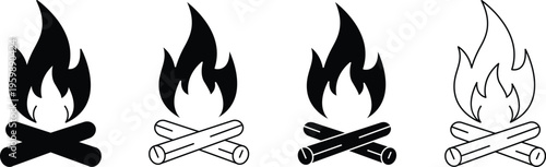 A simple black campfire icon set depicts flame and wood log fire symbols in solid and outline styles isolated on a white background