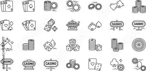 Casino Gambling Icon Set with Playing Cards Dice Chips Slot Machine and Poker Symbols for Gaming Apps Betting Design and Entertainment Graphics