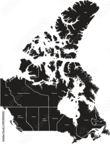Detailed Map of Canada with Administrative Borders and Internal Regions in Black Layout