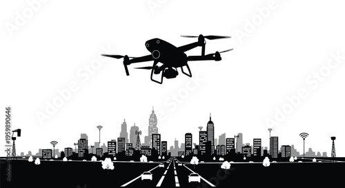 Quadcopter drone flying above a connected modern cityscape representing autonomous urban technology and surveillance